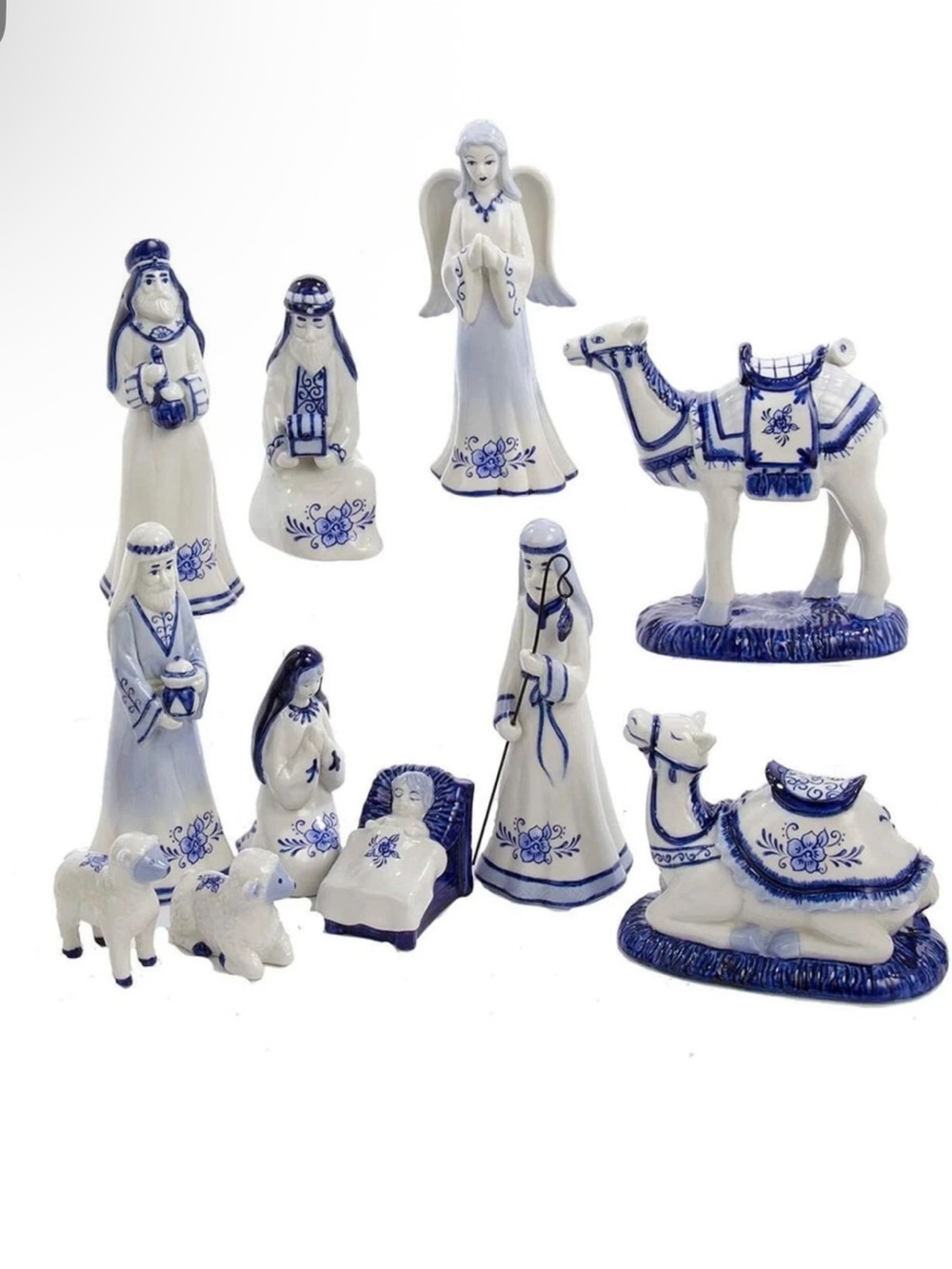 NWT Porcelain Delft Blue and White Nativity Set with 11 Pieces from Kurt Adler